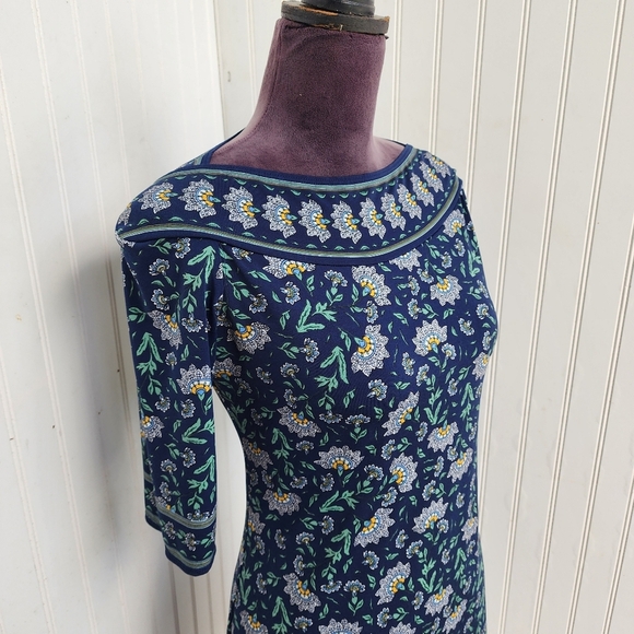 Max Studio Navy Blue Flowers Boat Neck 1/2 Sleeve Stretchy Mid Dress Stretch S - Picture 3 of 11